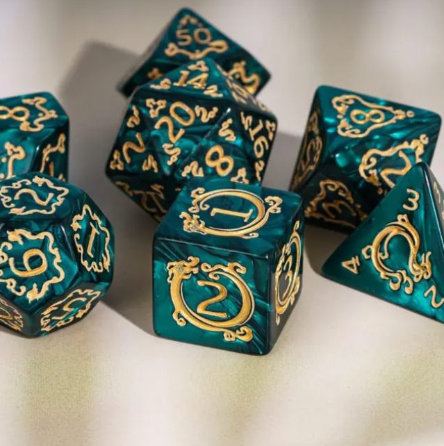 Dragon Script Emerald Flight: 7-Dice RPG Set – Rich Green with Gold Script Inks