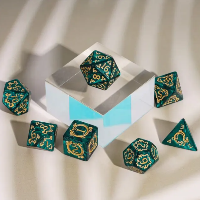 Dragon Script Emerald Flight: 7-Dice RPG Set – Rich Green with Gold Script Inks