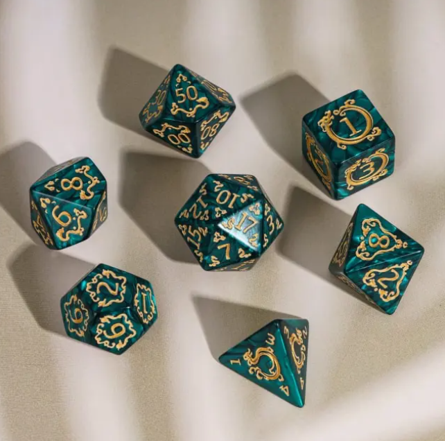 Dragon Script Emerald Flight: 7-Dice RPG Set – Rich Green with Gold Script Inks