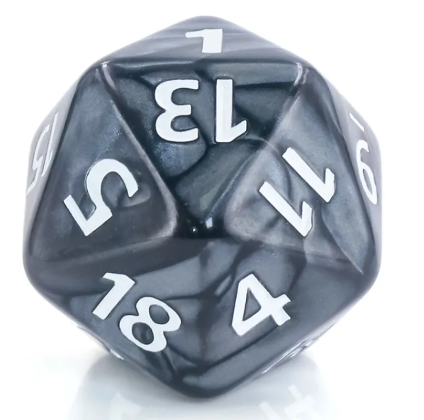 35mm “Obsidian Pearl” Jumbo d20 – Black Pearl Swirl with White Numbers (35mm)