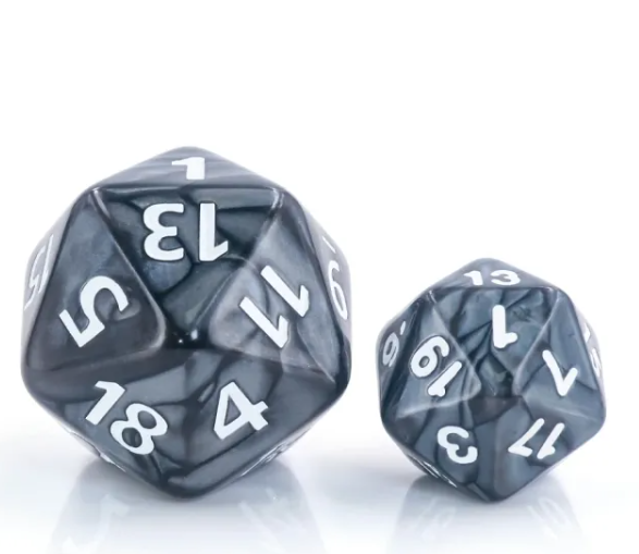35mm “Obsidian Pearl” Jumbo d20 – Black Pearl Swirl with White Numbers (35mm)