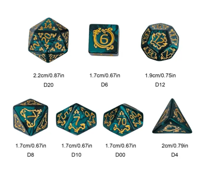 Dragon Script Emerald Flight: 7-Dice RPG Set – Rich Green with Gold Script Inks
