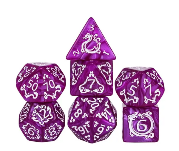 Dragon Script Amethyst Breath: 7-Dice RPG Set – Deep Purple with White Script Inks