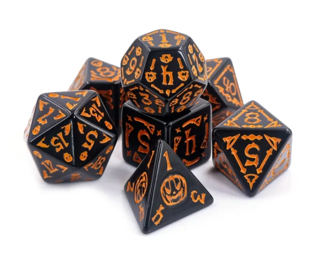 Haunted Hollow – Halloween Haunt 7-Dice RPG Set (Black with Orange Inking)