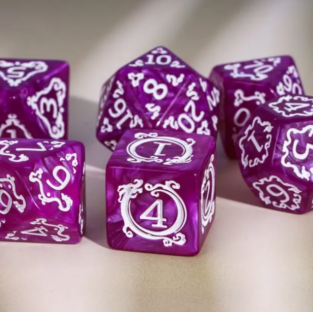 Dragon Script Amethyst Breath: 7-Dice RPG Set – Deep Purple with White Script Inks