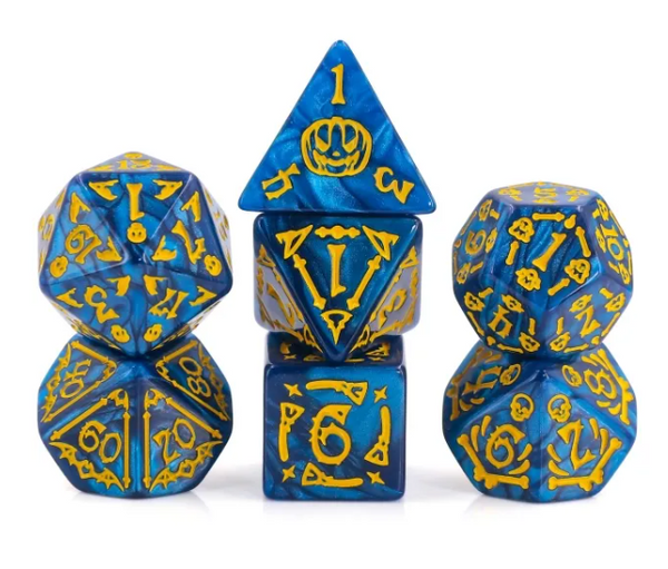 Midnight Brew – Halloween Haunt 7-Dice RPG Set (Pearl Blue with Yellow Inking)