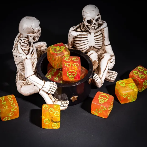 🔥16mm "Hot Skull" Swirl d6 – Neon Green on Molten Orange (Sold Individually)