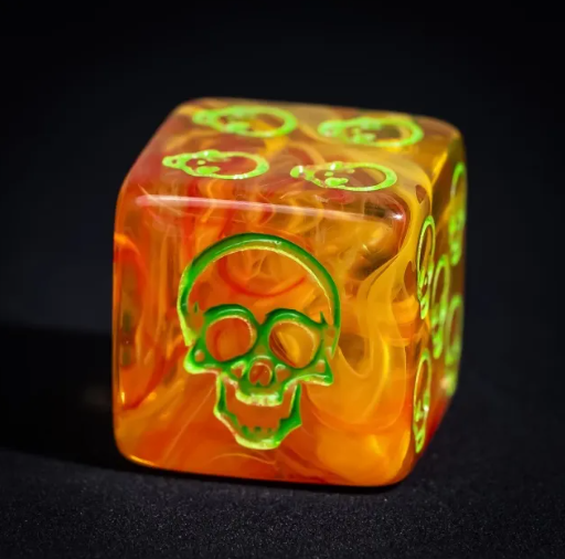 🔥16mm "Hot Skull" Swirl d6 – Neon Green on Molten Orange (Sold Individually)
