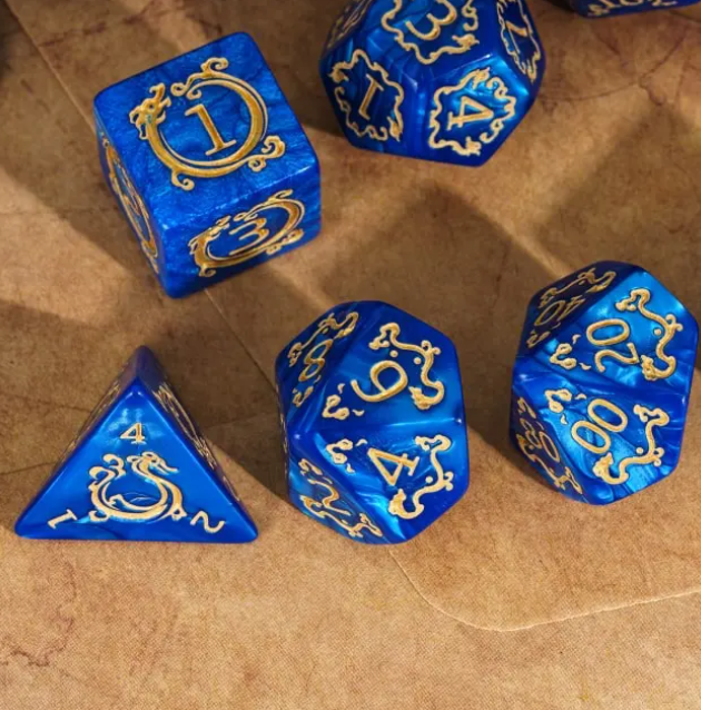 Dragon Script Sapphire Wing: 7-Dice RPG Set – Vivid Blue with Gold Script Inks