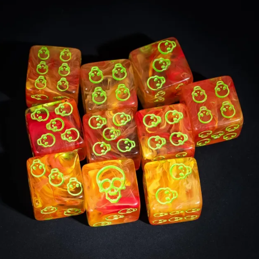 🔥16mm "Hot Skull" Swirl d6 – Neon Green on Molten Orange (Sold Individually)