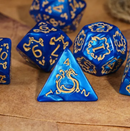 Dragon Script Sapphire Wing: 7-Dice RPG Set – Vivid Blue with Gold Script Inks