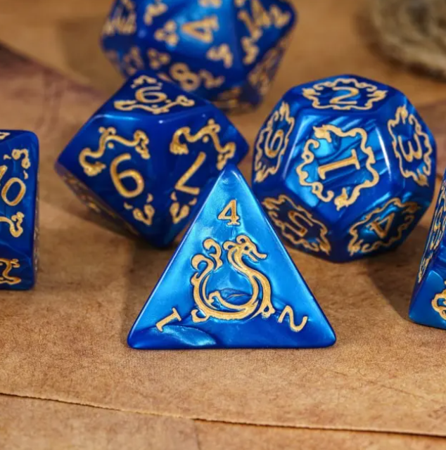 Dragon Script Sapphire Wing: 7-Dice RPG Set – Vivid Blue with Gold Script Inks