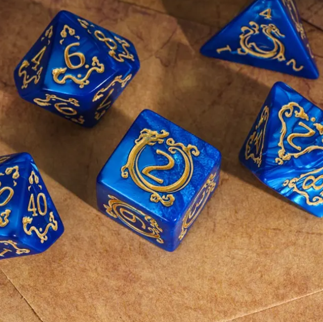 Dragon Script Sapphire Wing: 7-Dice RPG Set – Vivid Blue with Gold Script Inks