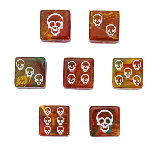 ☠️16mm "Ember Skull" d6 – Red & Gold Swirl with White Skull Pips (Single Die)