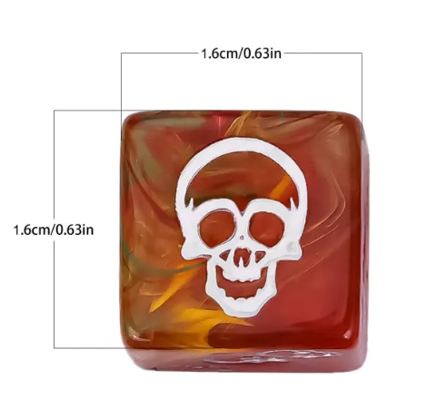 ☠️16mm "Ember Skull" d6 – Red & Gold Swirl with White Skull Pips (Single Die)