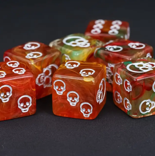 ☠️16mm "Ember Skull" d6 – Red & Gold Swirl with White Skull Pips (Single Die)