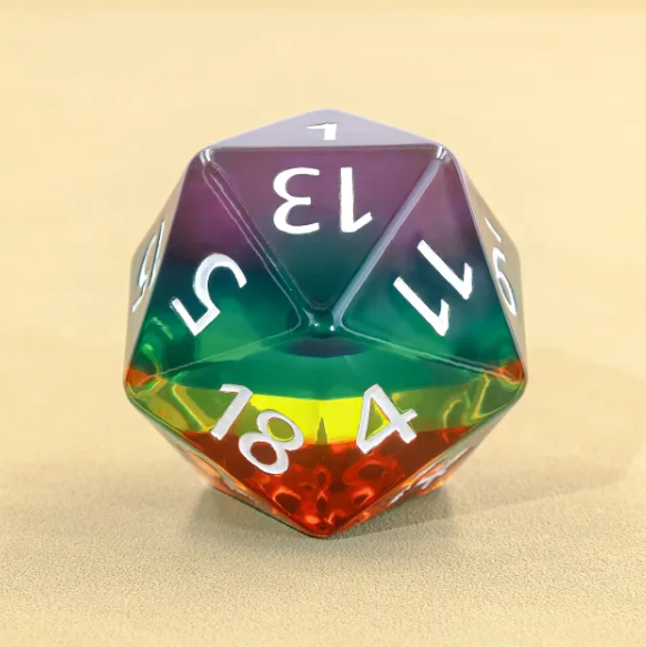 Prismatic Veil Colossus: 55mm Giant d20 Dice with Subtle Rainbow Core