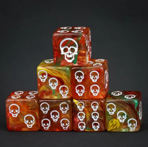 ☠️16mm "Ember Skull" d6 – Red & Gold Swirl with White Skull Pips (Single Die)