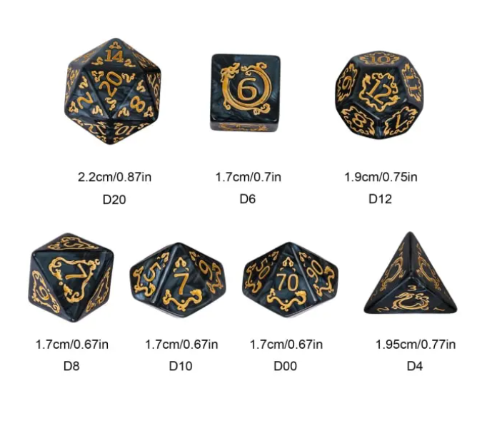 Dragon Script Obsidian Scale: 7-Dice RPG Set – Black with Gold Script Inks