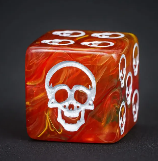☠️16mm "Ember Skull" d6 – Red & Gold Swirl with White Skull Pips (Single Die)