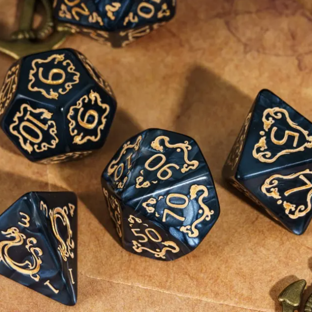 Dragon Script Obsidian Scale: 7-Dice RPG Set – Black with Gold Script Inks