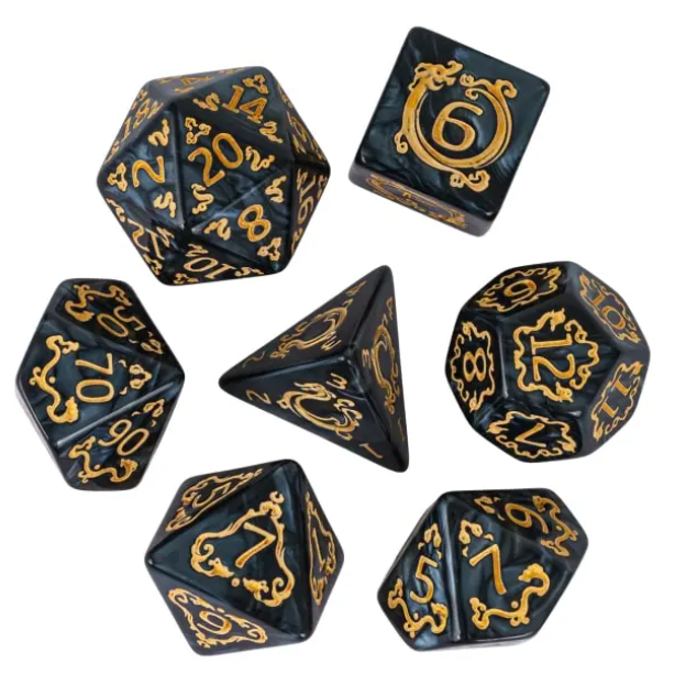 Dragon Script Obsidian Scale: 7-Dice RPG Set – Black with Gold Script Inks