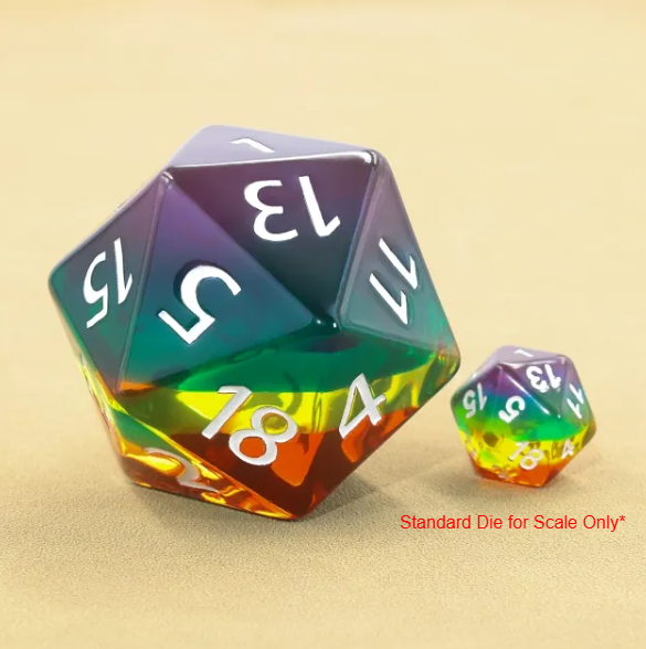 Prismatic Veil Colossus: 55mm Giant d20 Dice with Subtle Rainbow Core