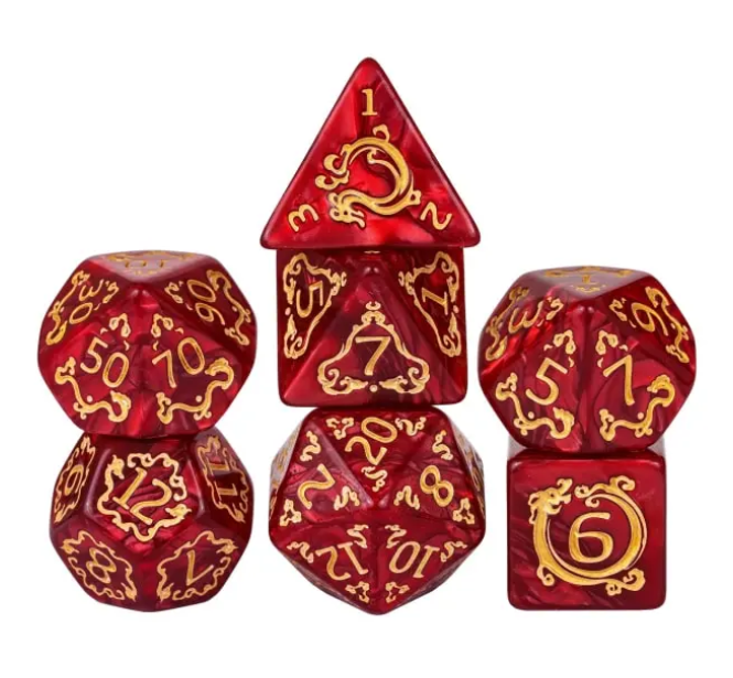 Dragon Script Crimson Hoard: 7-Dice RPG Set – Deep Red with Gold Script Inks