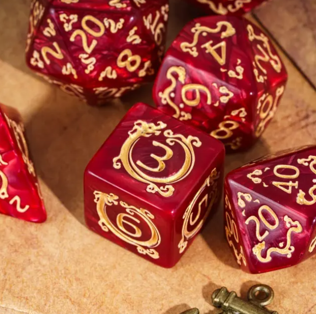 Dragon Script Crimson Hoard: 7-Dice RPG Set – Deep Red with Gold Script Inks
