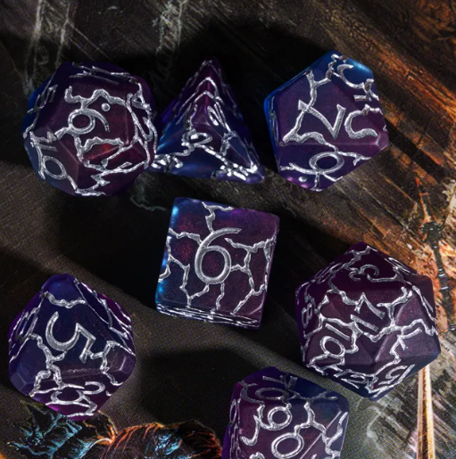 Void Pulse Crackle Nexus: 7-Dice RPG Set Purple with Electric Crackle Effect