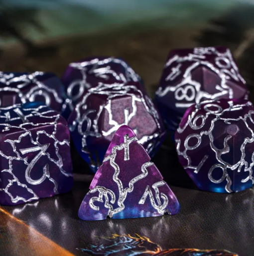 Void Pulse Crackle Nexus: 7-Dice RPG Set Purple with Electric Crackle Effect