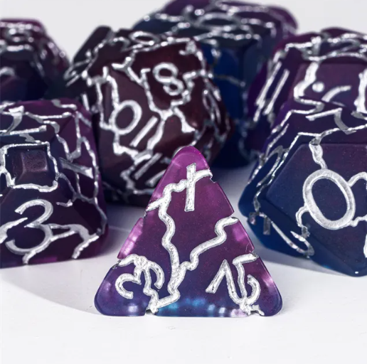 Void Pulse Crackle Nexus: 7-Dice RPG Set Purple with Electric Crackle Effect