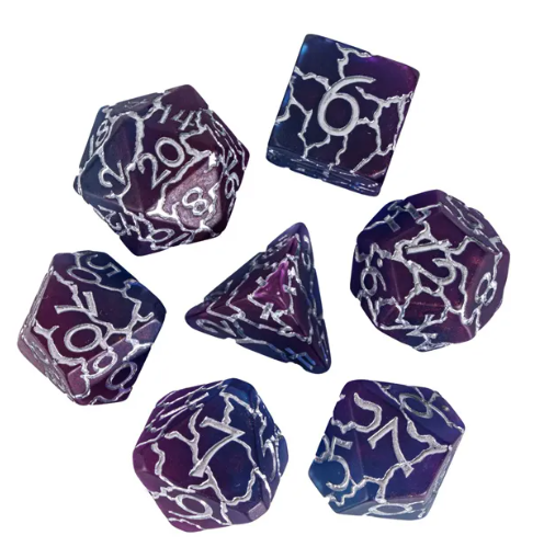 Void Pulse Crackle Nexus: 7-Dice RPG Set Purple with Electric Crackle Effect