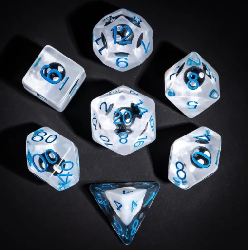 Myconid Bloom: 7-Dice RPG Set White Base with Black Mushroom Core and Blue Numbers