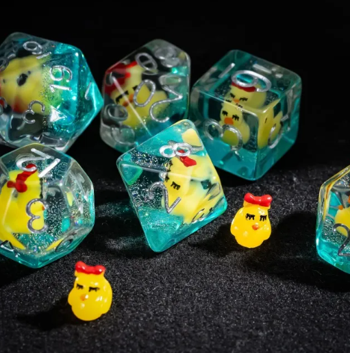 Duckling Daydream: 7-Dice RPG Set Teal with Tiny Ducks and Silver Numbers
