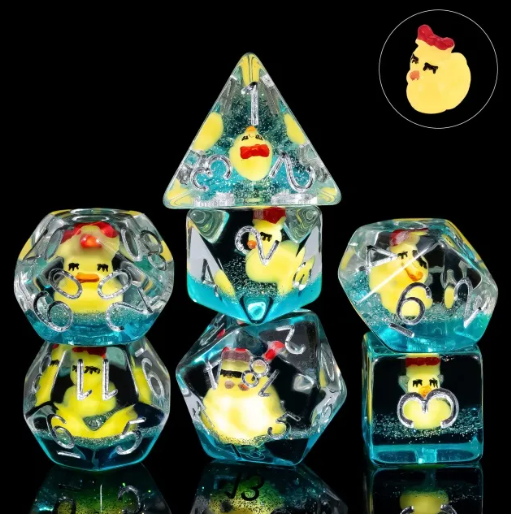 Duckling Daydream: 7-Dice RPG Set Teal with Tiny Ducks and Silver Numbers