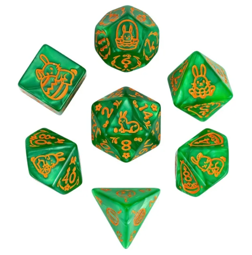 Verdant Bunny Blitz: 7-Dice Bunny RPG Set (Green & Orange)