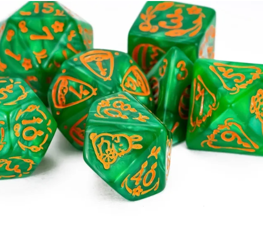 Verdant Bunny Blitz: 7-Dice Bunny RPG Set (Green & Orange)