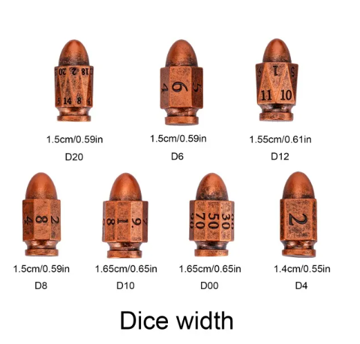Bronze Bulletproof Fate: 7-Dice Bullet-Shaped RPG Resin Dice Set