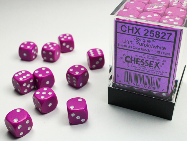Opaque 12mm d6 Light Purple/white Dice Block™ (36 dice) OOP