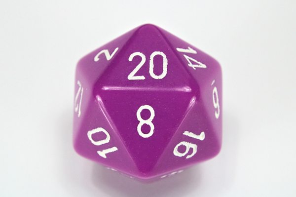 34mm (L) Single d20 Opaque Polyhedral Light Purple/white d20 (Sold per die)