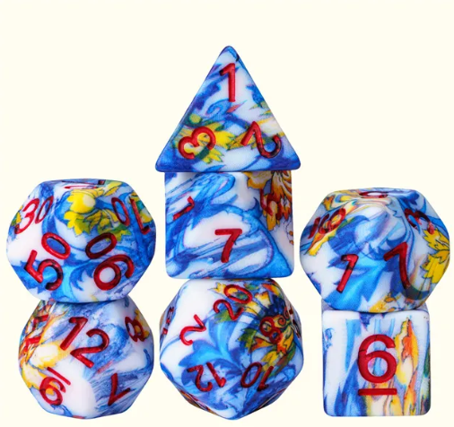 Fancy Multi-Colour Mix Pattern Dice 7-Dice Set w/Red Dnd Dice Resin