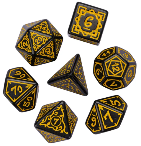Yellow Druid Pattern 7-Dice Set DND RPG Dice Black Druid Dice Set