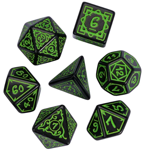 Green Druid Pattern 7-Dice Set DND RPG Dice Black Druid Dice Set