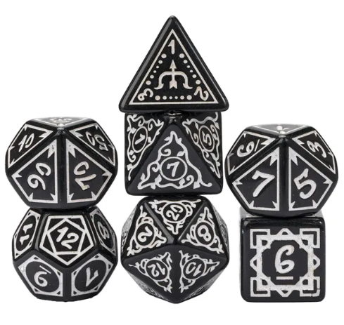 White Druid Pattern 7-Dice Set DND RPG Dice Black Druid Dice Set