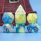 Tranquil Summer Dice 7-Dice Set | Blue and Yellow Glitter Primitive Font