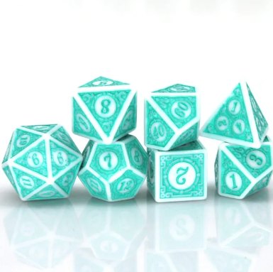 White & Teal Magic Flame 7-Dice Set DND RPG Dice Teal Color Fill