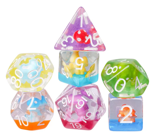 Enchanted Forest Mushroom Dice Set: 7-Piece Clear Resin RPG Dice w/Vibrant Botanicals