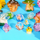 Enchanted Forest Mushroom Dice Set: 7-Piece Clear Resin RPG Dice w/Vibrant Botanicals