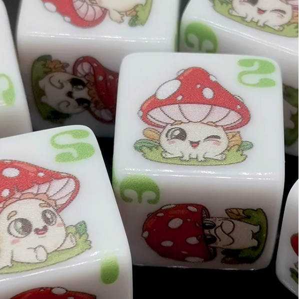 (White) Mushroom Dice | Printed d6 Dice Featuring Cute Mushroom Numbered